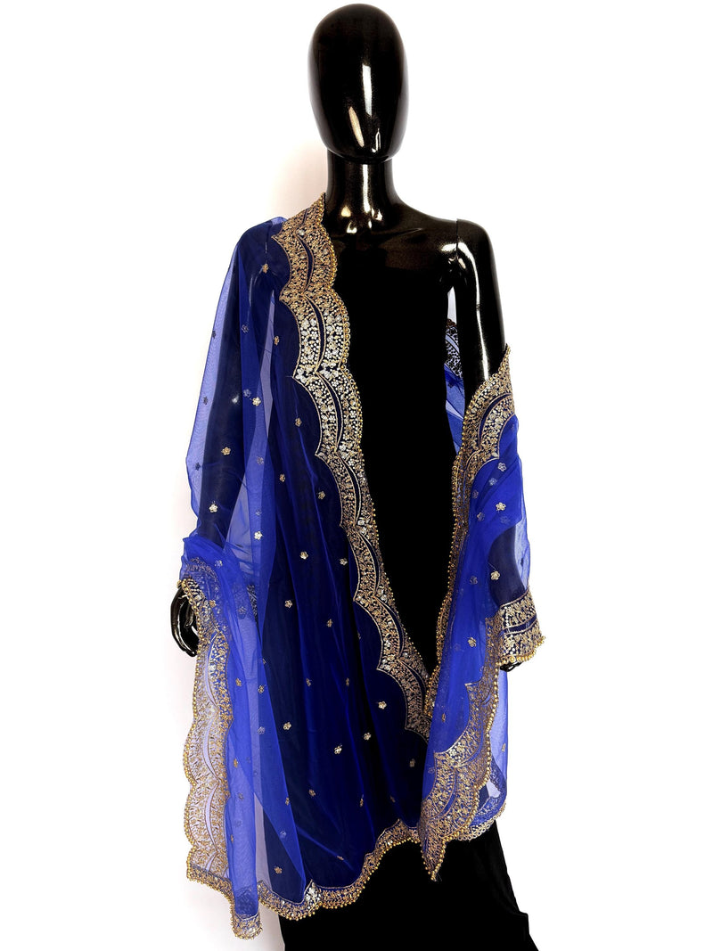 Royal Blue Color Net Dupatta with Gold Zari, Sequin and Bead  | Sequin Dupatta | Indian Dupatta for Lehanga | Weddding, Party Wear Dupatta