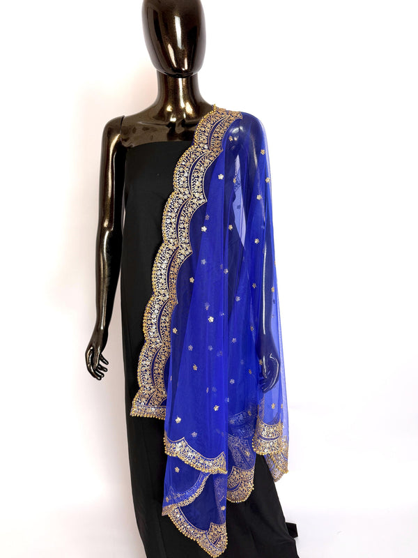 Royal Blue Color Net Dupatta with Gold Zari, Sequin and Bead  | Sequin Dupatta | Indian Dupatta for Lehanga | Weddding, Party Wear Dupatta
