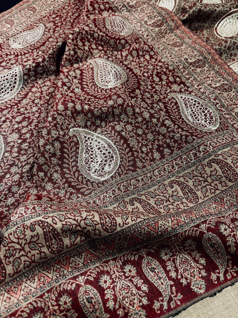 Dark Beige Color Soft Pashmina Shawls with Resham Aari Work | Shawls and Wraps | Kashmiri Pashmina Shawls | Woolen Stolens