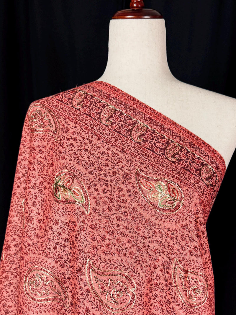 Peach Color Soft Pashmina Shawls with Resham Aari Work | Light Weight Reversable Shawls | Kashmiri Pashmina Shawls | Ships from California