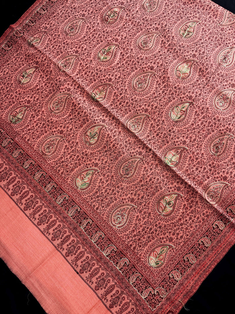 Peach Color Soft Pashmina Shawls with Resham Aari Work | Light Weight Reversable Shawls | Kashmiri Pashmina Shawls | Ships from California