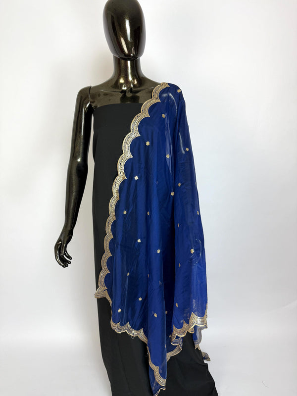 Blue Color Soft Organza Dupatta with Embroidery, Sequin and Zari on Borders with small buttis | Dupatta ships from Califonia