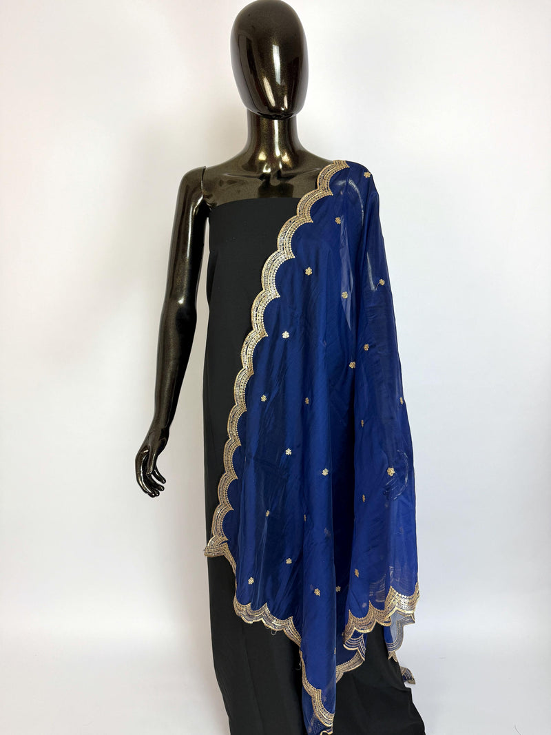 Blue Color Soft Organza Dupatta with Embroidery, Sequin and Zari on Borders with small buttis | Dupatta ships from Califonia