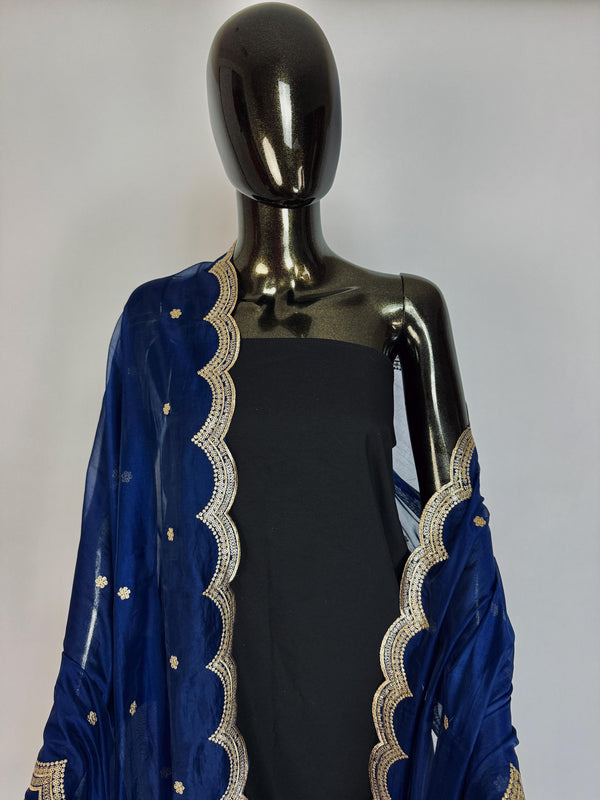 Blue Color Soft Organza Dupatta with Embroidery, Sequin and Zari on Borders with small buttis | Dupatta ships from Califonia