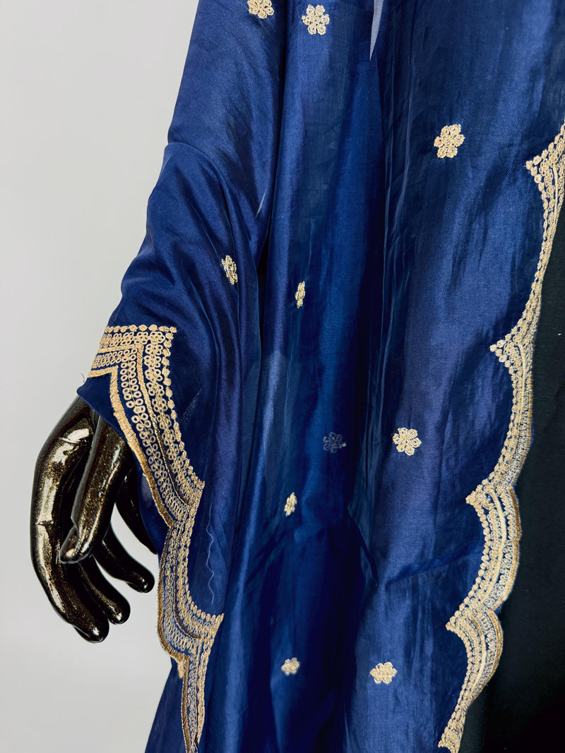 Blue Color Soft Organza Dupatta with Embroidery, Sequin and Zari on Borders with small buttis | Dupatta ships from Califonia