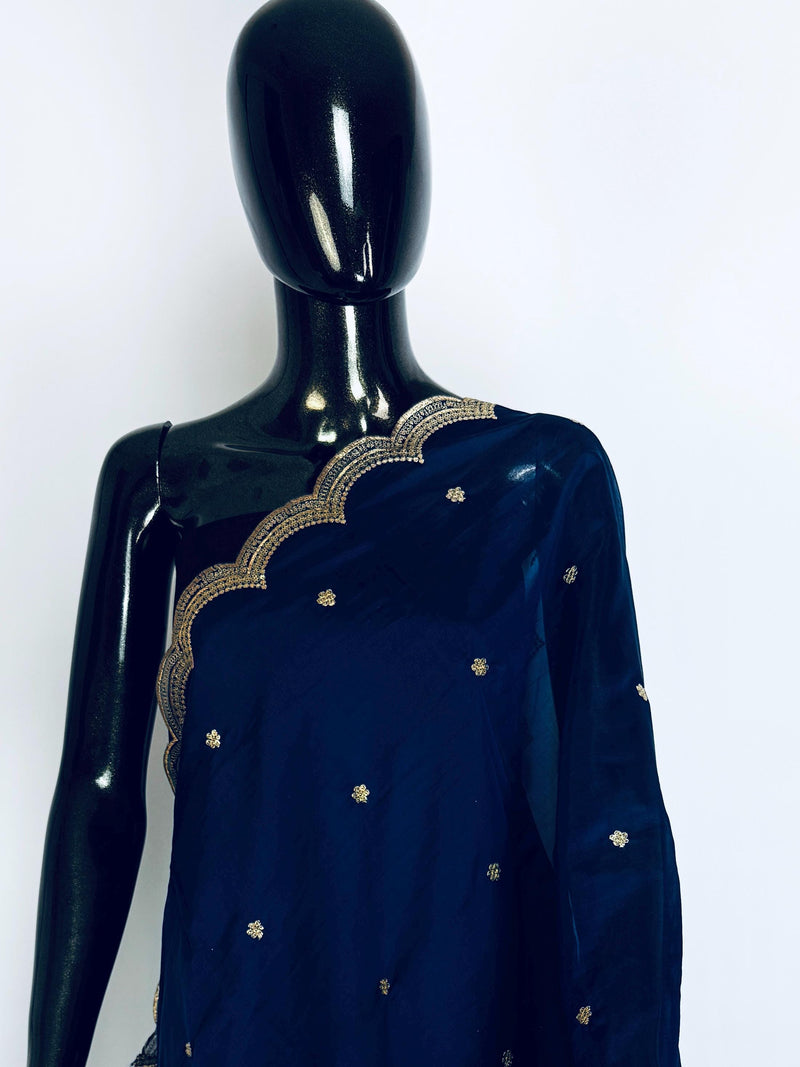 Blue Color Soft Organza Dupatta with Embroidery, Sequin and Zari on Borders with small buttis | Dupatta ships from Califonia