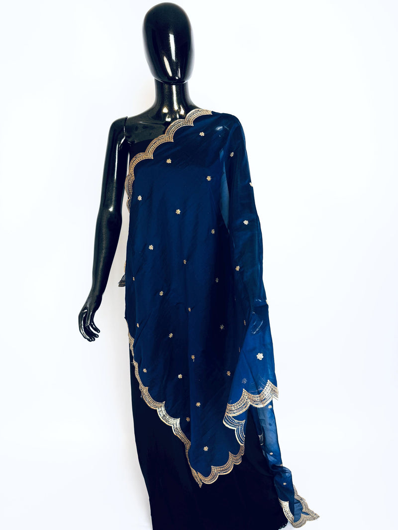 Blue Color Soft Organza Dupatta with Embroidery, Sequin and Zari on Borders with small buttis | Dupatta ships from Califonia