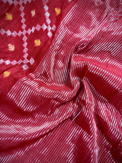 Red saree in bengal linen with jamdani weave in patola design with silver zari and meenakari — Kaash Collection