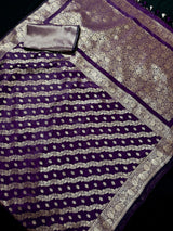 Eggplant Purple Color Semi Banarasi Silk Saree with Muted Gold Zari Weave