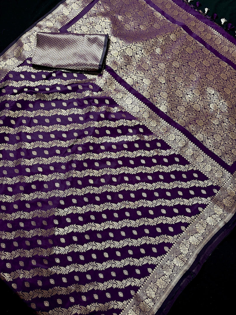Eggplant Purple Color Semi Banarasi Silk Saree with Muted Gold Zari Weave