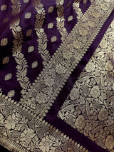 Eggplant Purple Color Semi Banarasi Silk Saree with Muted Gold Zari Weave