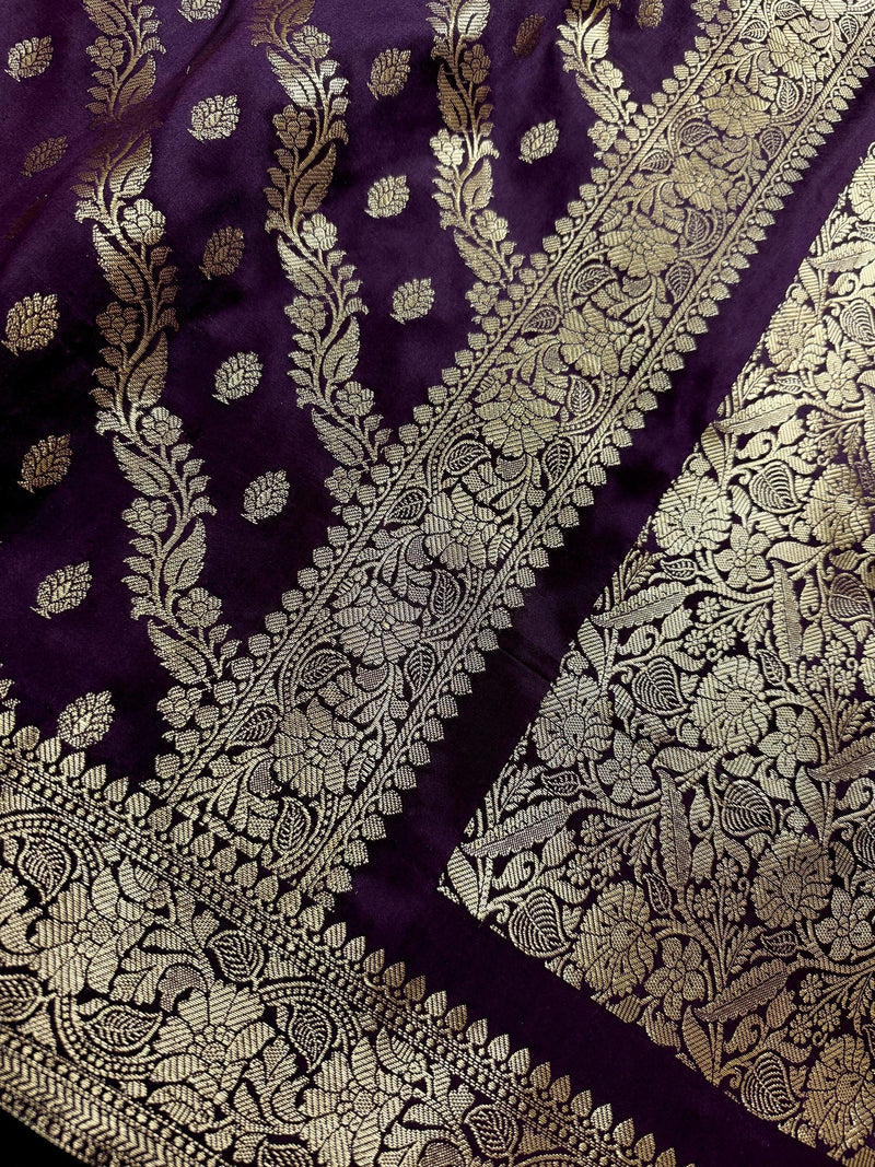 Eggplant Purple Color Semi Banarasi Silk Saree with Muted Gold Zari Weave