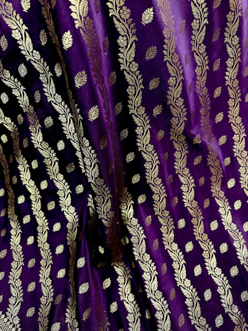 Eggplant Purple Color Semi Banarasi Silk Saree with Muted Gold Zari Weave