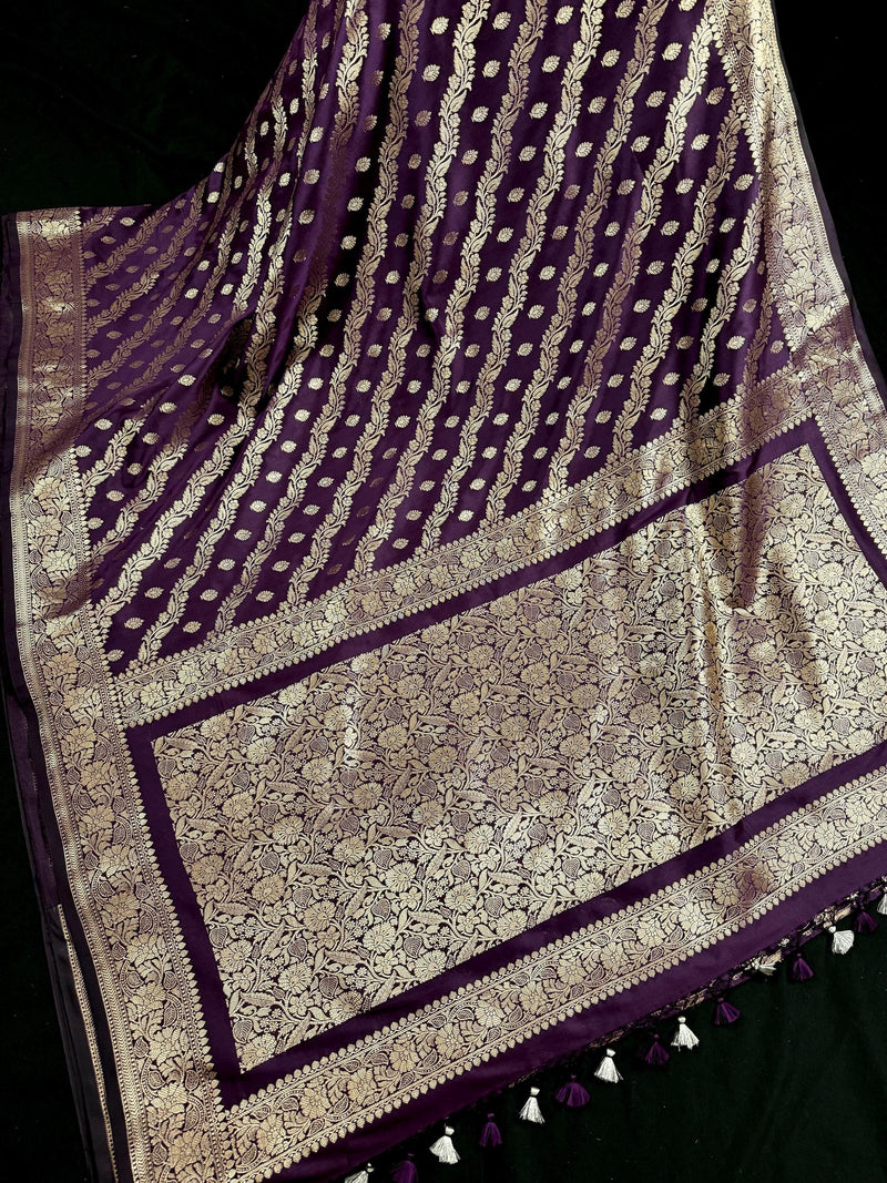 Eggplant Purple Color Semi Banarasi Silk Saree with Muted Gold Zari Weave