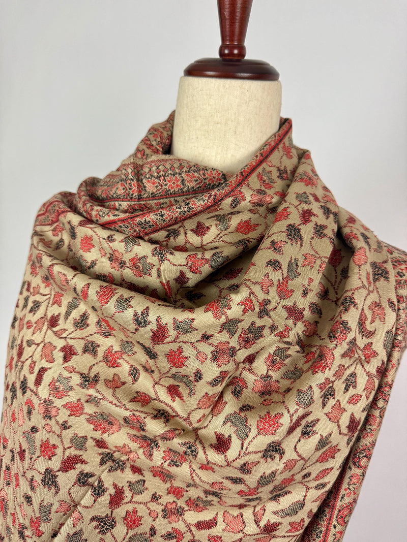 Light Beige Color Viscose Blend Wool Stole Scarf | Chinar Leaves Pattern with Parsley Design | Soft Shawl, Stoles and Wraps