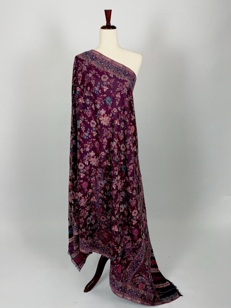Eggplant Purple Color Premium Wool Kani Weave Cashmere Shawl | Kani Weave Cashmere Wrap | Wool Stole and Shawl | Floral Jaal Shawls