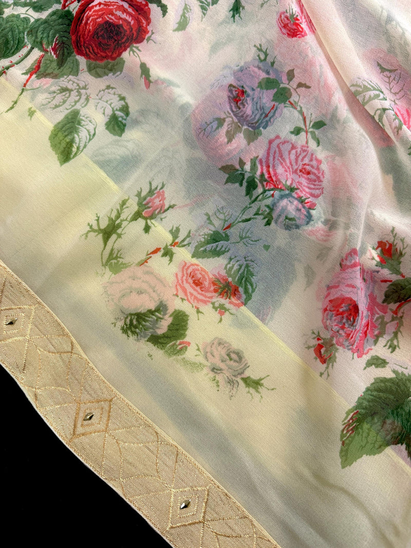 Floral Light Weight Chiffon Saree in Pastel Yellow Color with Muti-Color Floral design with Lace work on the border and Pallu | Gift For Her