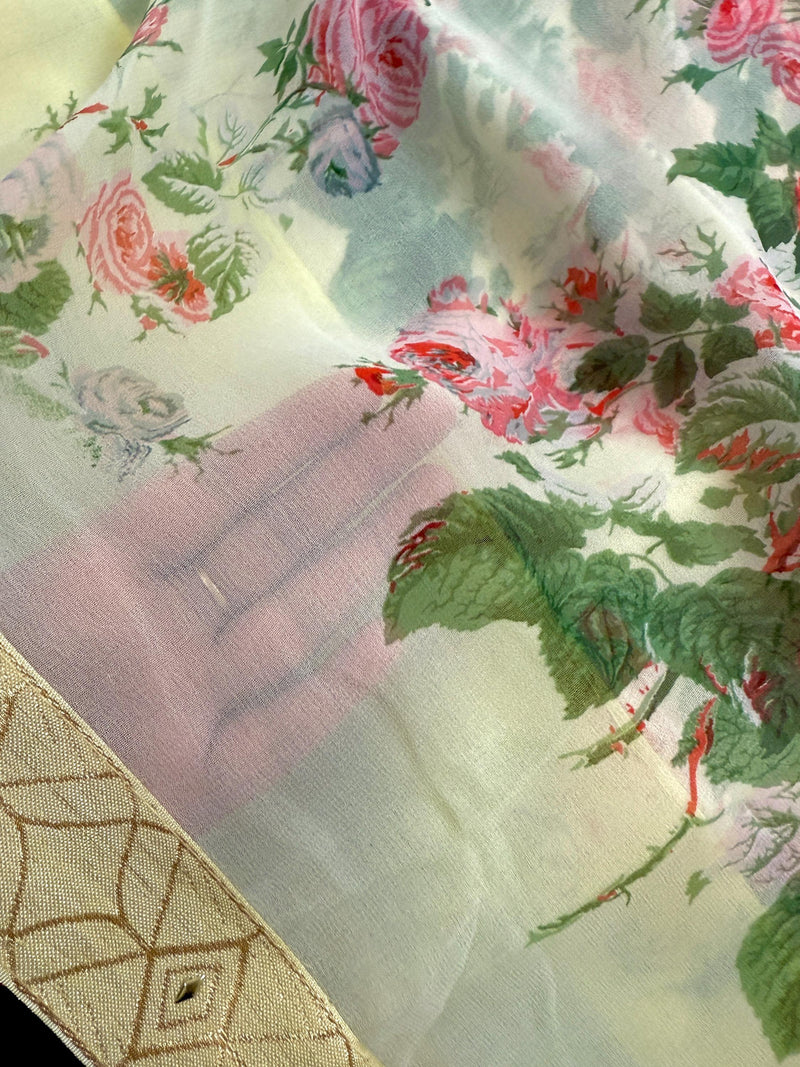 Floral Light Weight Chiffon Saree in Pastel Yellow Color with Muti-Color Floral design with Lace work on the border and Pallu | Gift For Her