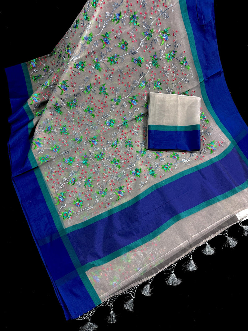 Handmade Grey Color Banarasi Kora Organza Saree with Raw Silk Patta on the Border | Floral Embroidery  Saree | Ships from California