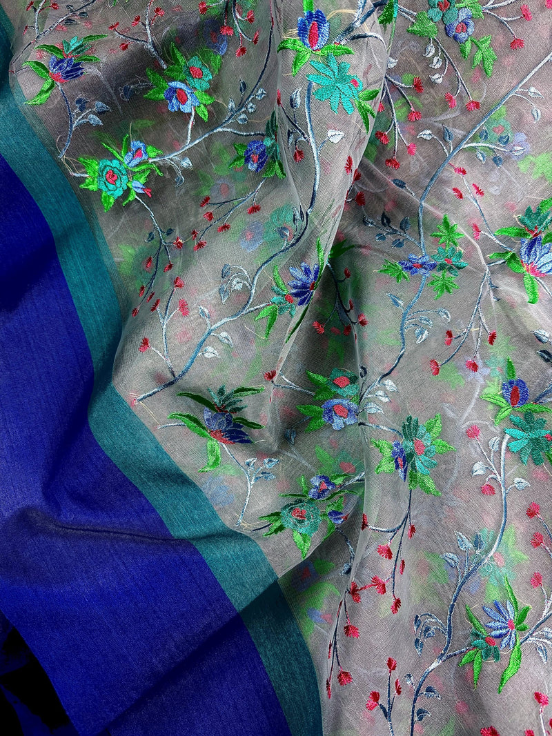 Handmade Grey Color Banarasi Kora Organza Saree with Raw Silk Patta on the Border | Floral Embroidery  Saree | Ships from California