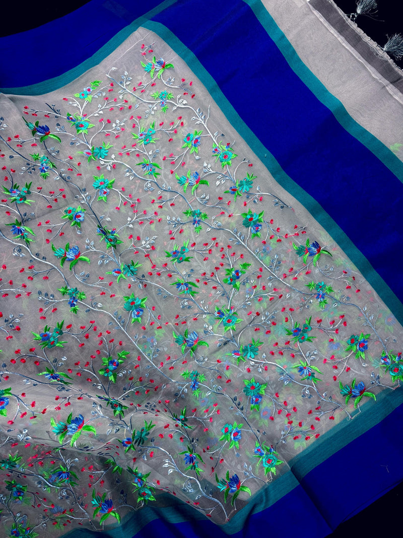 Handmade Grey Color Banarasi Kora Organza Saree with Raw Silk Patta on the Border | Floral Embroidery  Saree | Ships from California