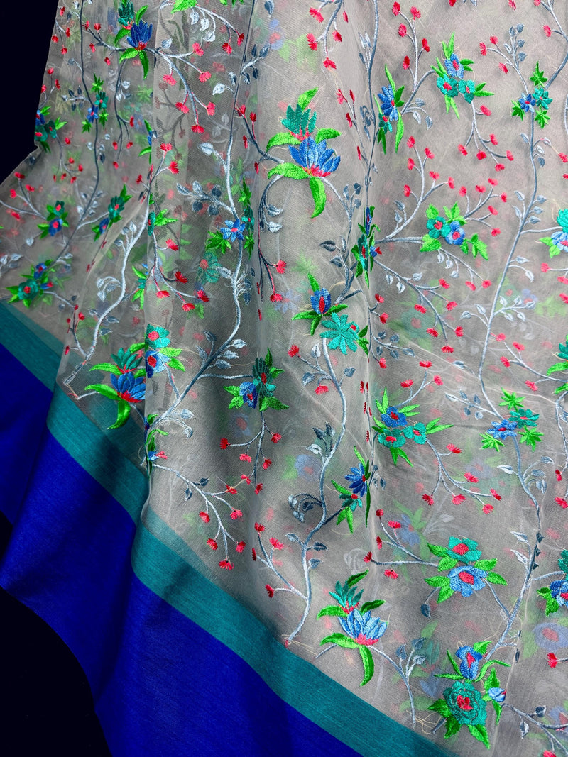 Handmade Grey Color Banarasi Kora Organza Saree with Raw Silk Patta on the Border | Floral Embroidery  Saree | Ships from California
