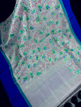 Handmade Grey Color Banarasi Kora Organza Saree with Raw Silk Patta on the Border | Floral Embroidery  Saree | Ships from California