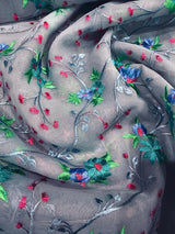 Handmade Grey Color Banarasi Kora Organza Saree with Raw Silk Patta on the Border | Floral Embroidery  Saree | Ships from California