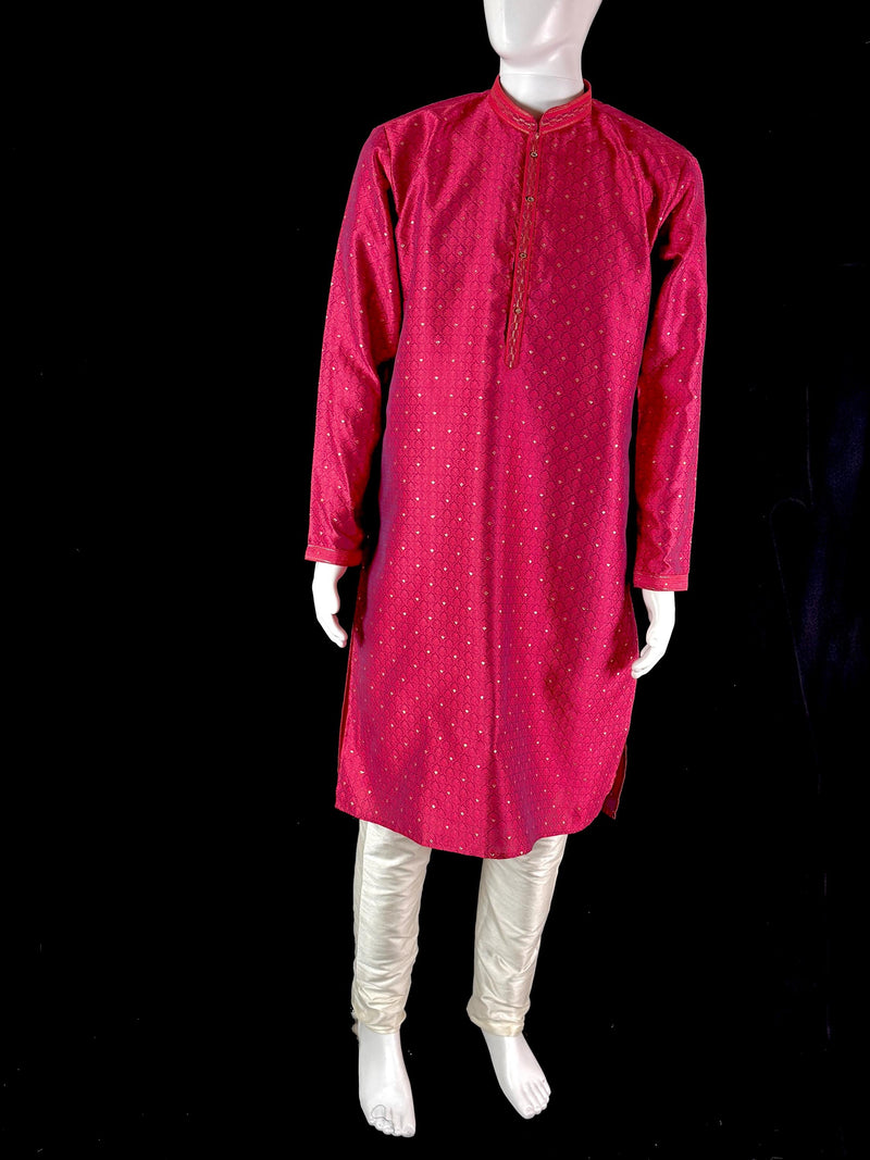 Strawberry Pink Color Soft Raw Silk Men Kurta Pajama Self Design and tiny Zari Weave | Party Wear Men Ethnic Wear | Wedding Wear Kurta