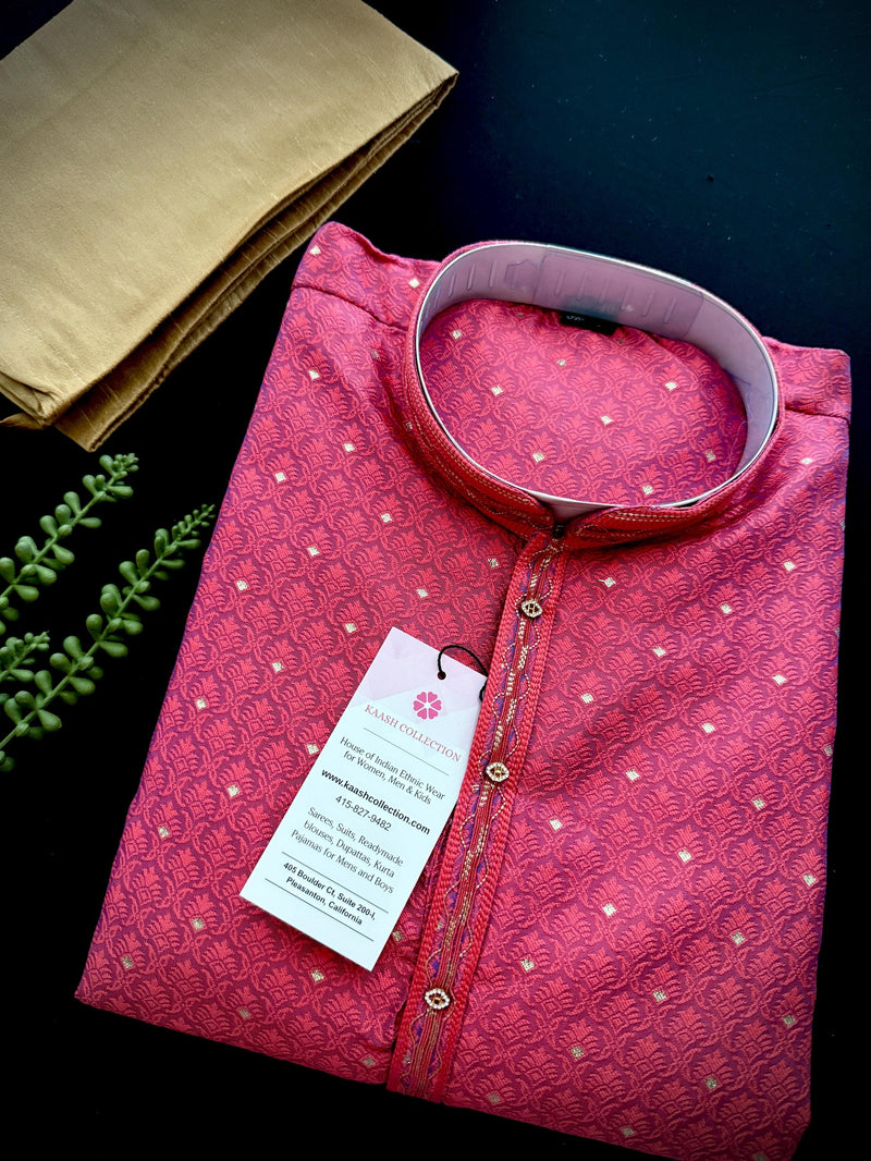 Strawberry Pink Color Soft Raw Silk Men Kurta Pajama Self Design and tiny Zari Weave | Party Wear Men Ethnic Wear | Wedding Wear Kurta