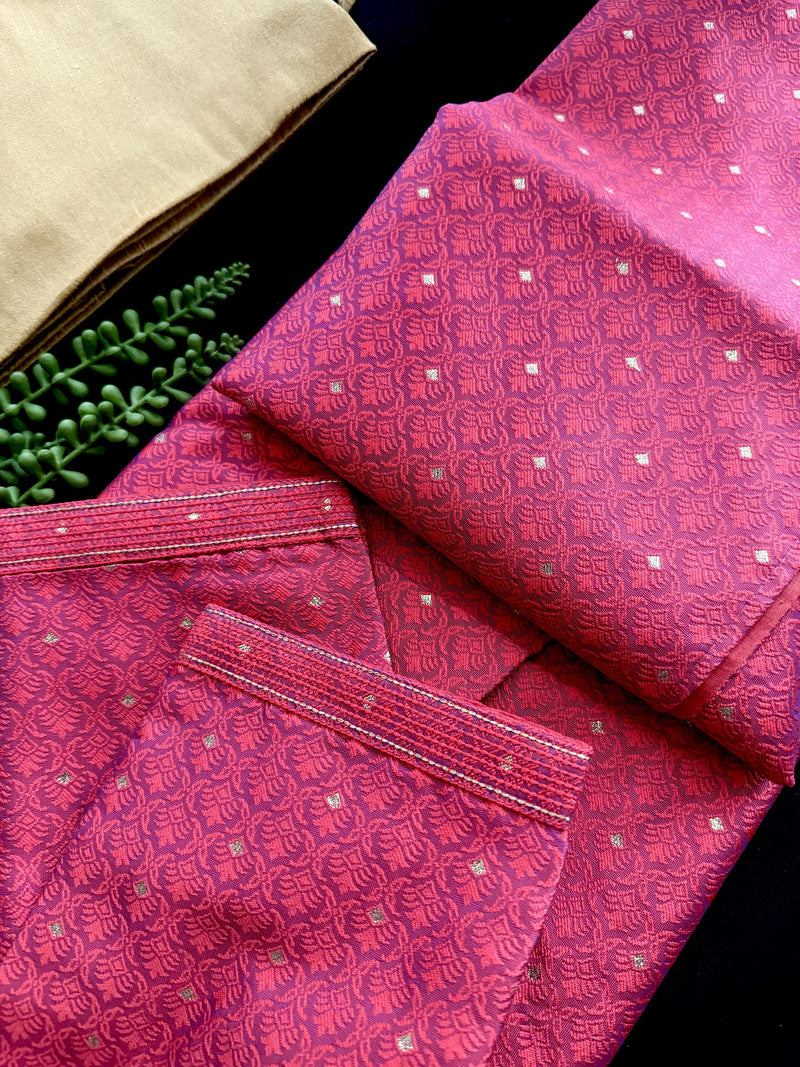 Strawberry Pink Color Soft Raw Silk Men Kurta Pajama Self Design and tiny Zari Weave | Party Wear Men Ethnic Wear | Wedding Wear Kurta