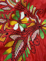 Tomato Red Color Bangalori Silk Saree with Hand Kantha Stitch | Handwoven Kantha Stitch Sarees | Kantha Saress | Silk Sarees | Bengal Saree