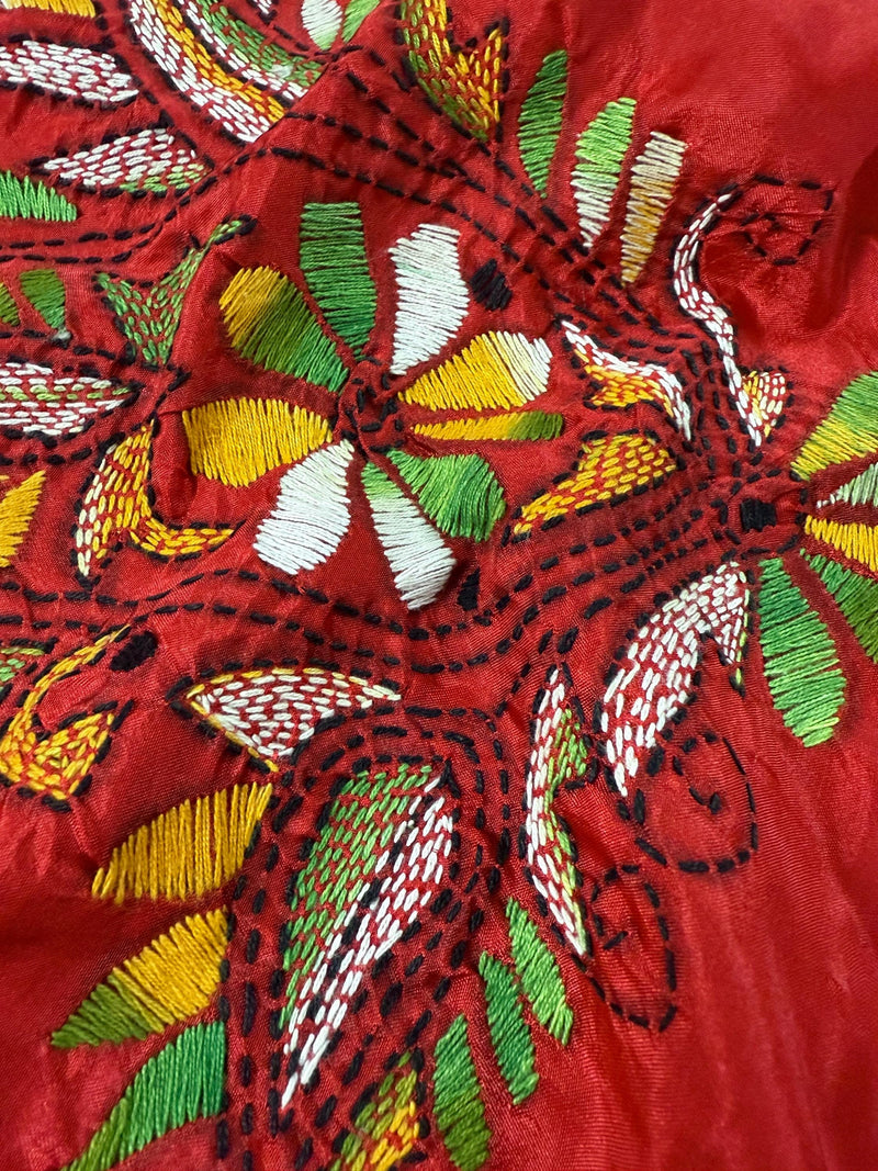 Tomato Red Color Bangalori Silk Saree with Hand Kantha Stitch | Handwoven Kantha Stitch Sarees | Kantha Saress | Silk Sarees | Bengal Saree