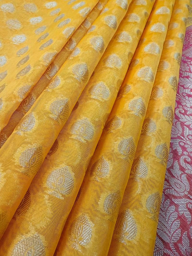 Handmade Yellow Color Banarasi Kora Organza Silk Saree with Meenakari Floral Border Work | Banarasi Light Weight Sarees