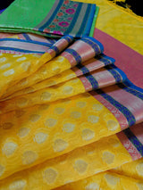 Handmade Yellow Color Banarasi Kora Organza Silk Saree with Meenakari Floral Border Work | Banarasi Light Weight Sarees
