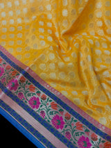 Handmade Yellow Color Banarasi Kora Organza Silk Saree with Meenakari Floral Border Work | Banarasi Light Weight Sarees