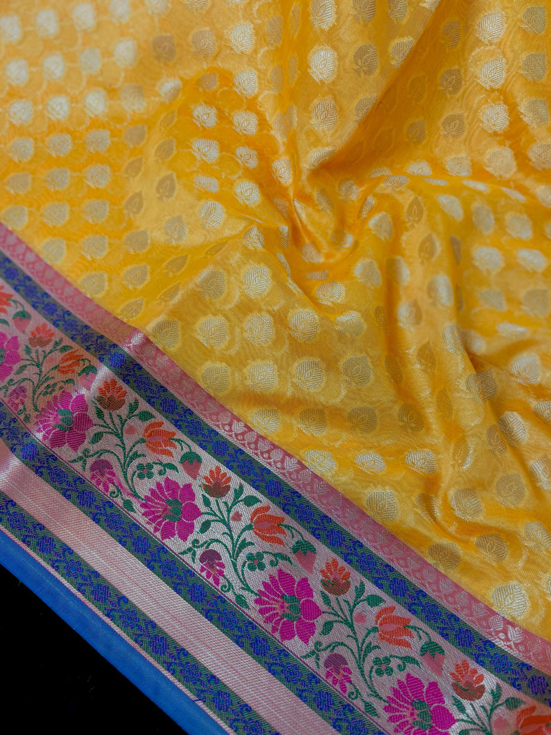 Handmade Yellow Color Banarasi Kora Organza Silk Saree with Meenakari Floral Border Work | Banarasi Light Weight Sarees