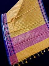 Handmade Yellow Color Banarasi Kora Organza Silk Saree with Meenakari Floral Border Work | Banarasi Light Weight Sarees