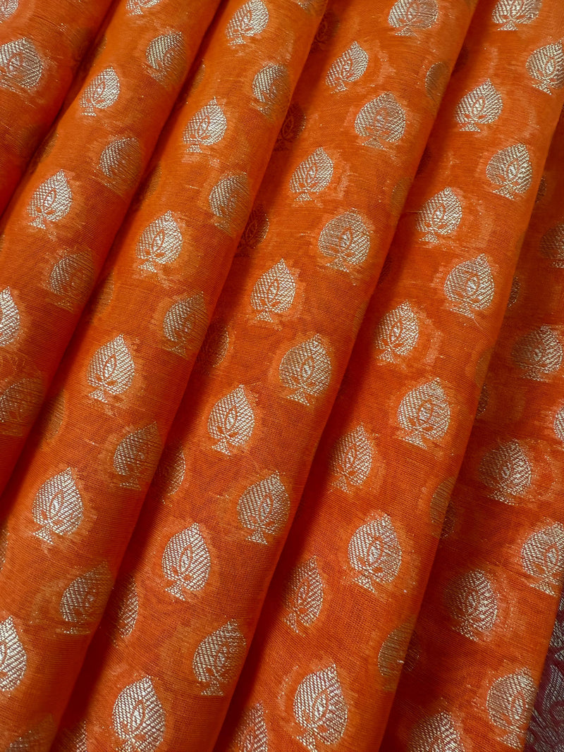 Handmade Orange Color Banarasi Kora Organza Silk Saree with Meenakari Floral Border Work | Banarasi Light Weight Sarees