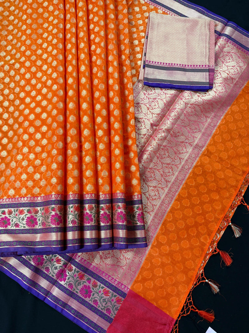 Handmade Orange Color Banarasi Kora Organza Silk Saree with Meenakari Floral Border Work | Banarasi Light Weight Sarees