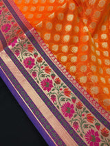 Handmade Orange Color Banarasi Kora Organza Silk Saree with Meenakari Floral Border Work | Banarasi Light Weight Sarees