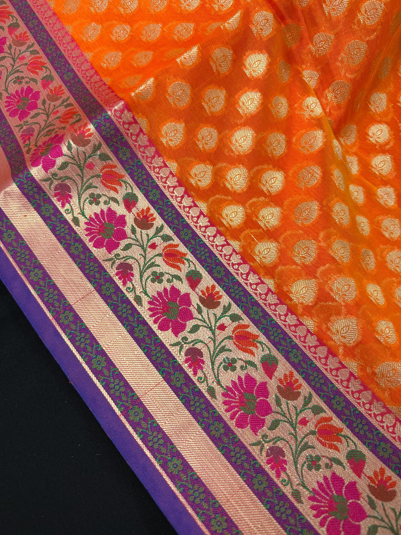 Handmade Orange Color Banarasi Kora Organza Silk Saree with Meenakari Floral Border Work | Banarasi Light Weight Sarees