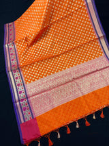 Handmade Orange Color Banarasi Kora Organza Silk Saree with Meenakari Floral Border Work | Banarasi Light Weight Sarees