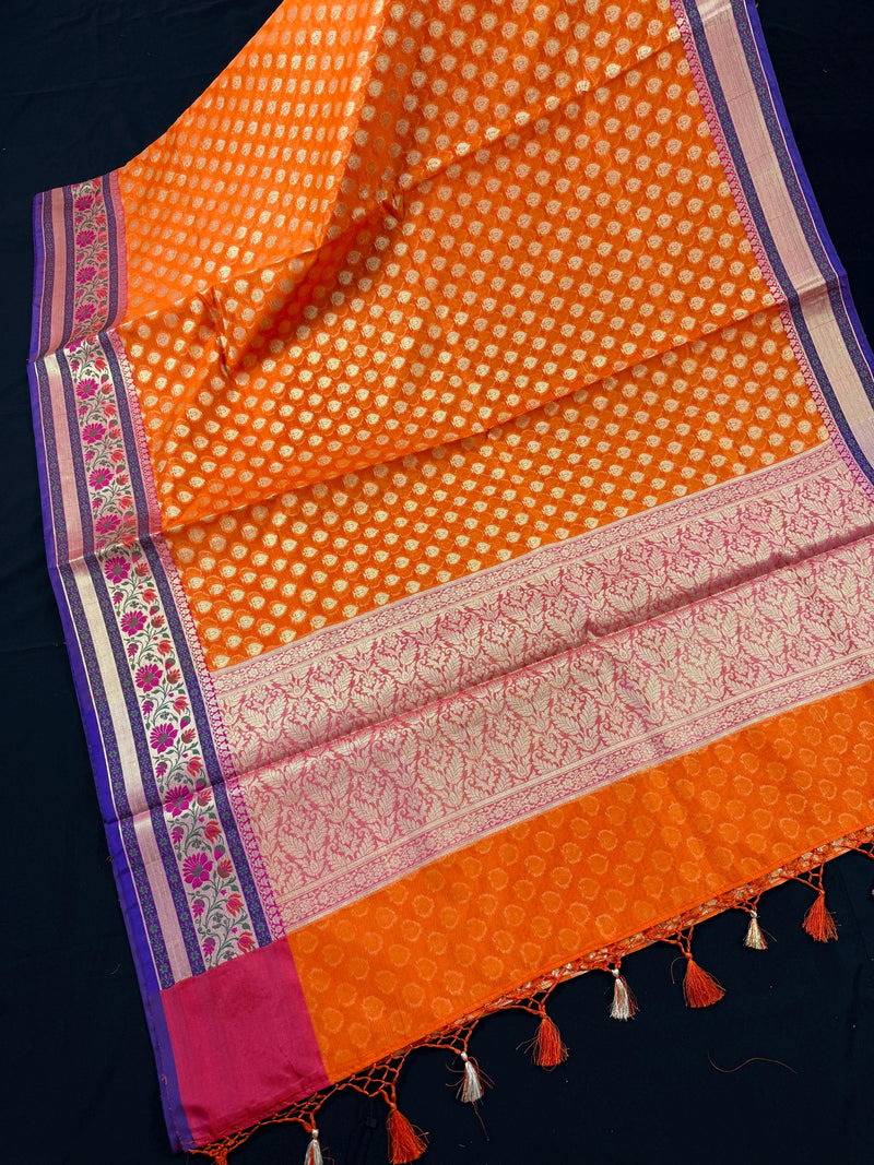 Handmade Orange Color Banarasi Kora Organza Silk Saree with Meenakari Floral Border Work | Banarasi Light Weight Sarees