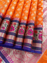 Handmade Orange Color Banarasi Kora Organza Silk Saree with Meenakari Floral Border Work | Banarasi Light Weight Sarees