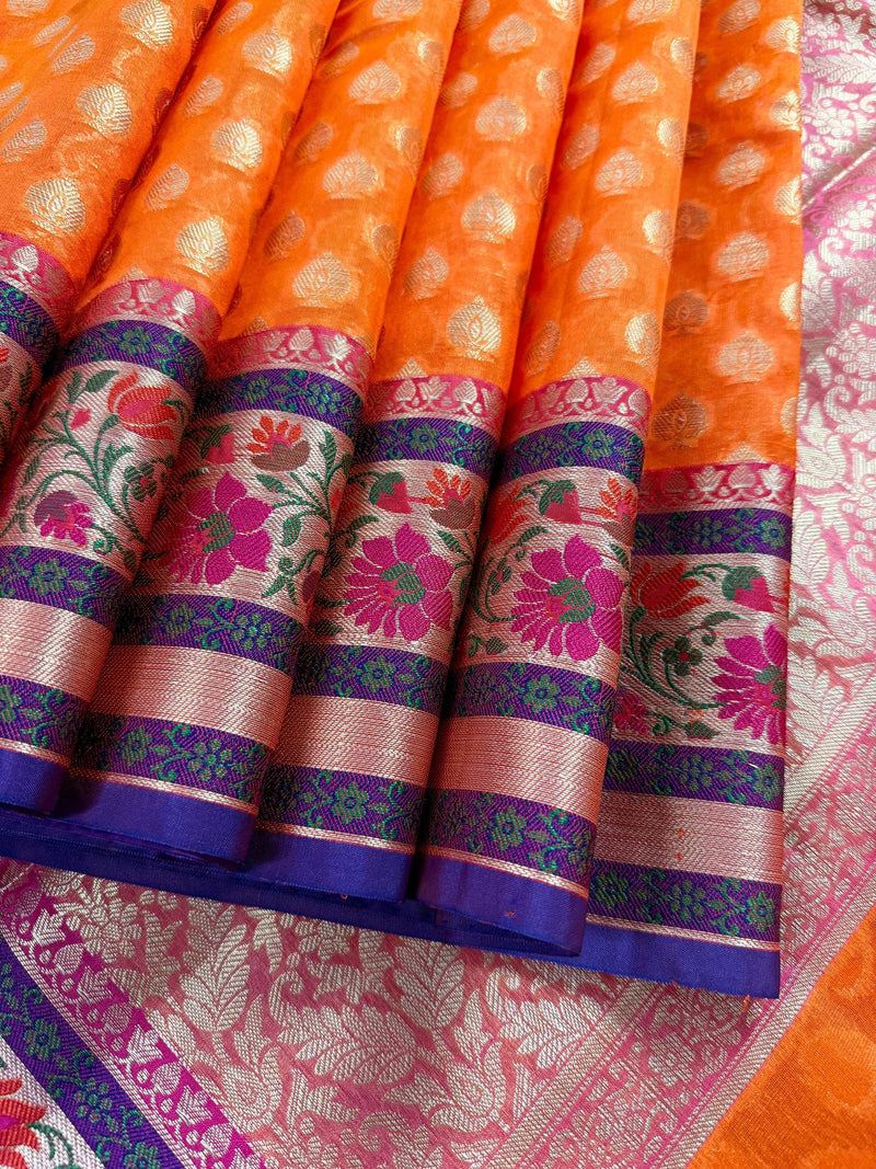 Handmade Orange Color Banarasi Kora Organza Silk Saree with Meenakari Floral Border Work | Banarasi Light Weight Sarees