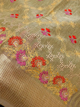 Statement Handmade Yellow Gold Color Saree in Kota doriya with Tissue | Floral Emberiodery | Tissue Saree | Soft and Light Weight Saree