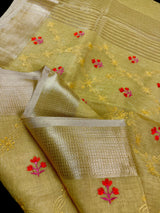 Statement Handmade Yellow Gold Color Saree in Kota doriya with Tissue | Floral Emberiodery | Tissue Saree | Soft and Light Weight Saree