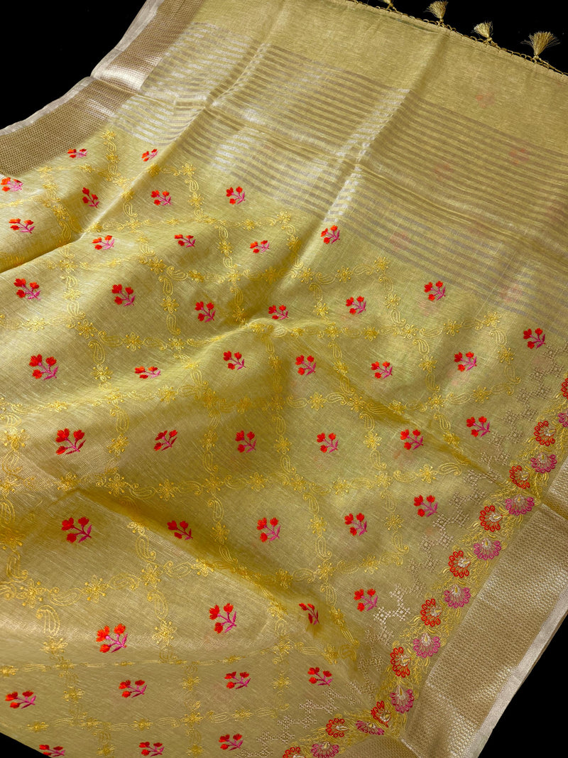 Statement Handmade Yellow Gold Color Saree in Kota doriya with Tissue | Floral Emberiodery | Tissue Saree | Soft and Light Weight Saree