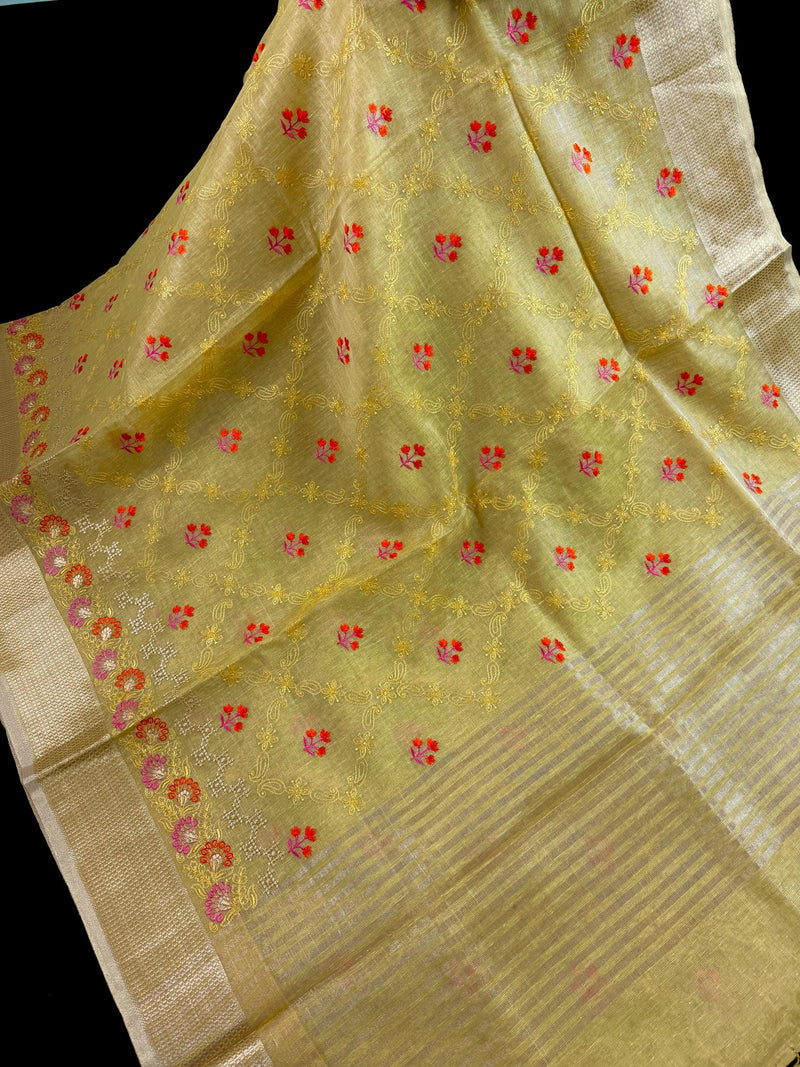 Statement Handmade Yellow Gold Color Saree in Kota doriya with Tissue | Floral Emberiodery | Tissue Saree | Soft and Light Weight Saree